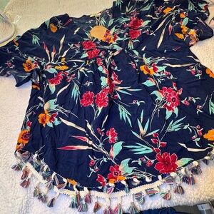 NWT Kori  Navy Floral Blouse with Tassels